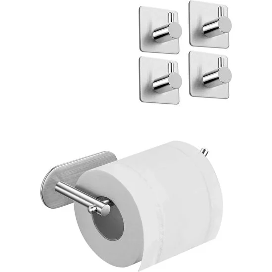 FH Design Home Paslanmaz Çelik Set Tuvalet Kağıtlığı - 4 Adet Havluluk - Yapışkanlı Bant Sistem