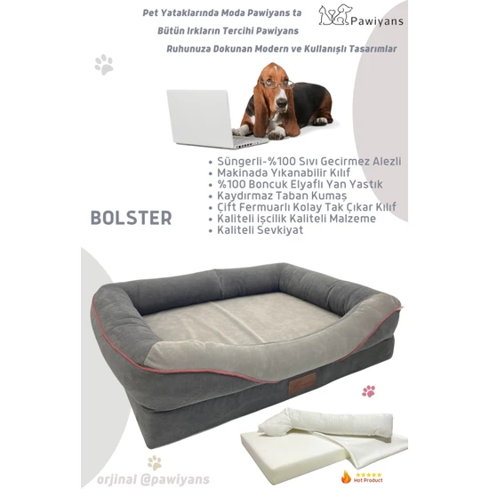 Pawiyans Bolster Üst Kalite Köpek Yatağı 6,5 ve 10 cm Süngerli Kılıflı Sıvı Geçirmez Alezli 2 Fermuarlı