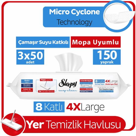 Sleepy Easy Clean Çamaşır Suyu Katkılı Mopa Uyumlu Yer Temizlik Havlusu&Mendili 3x50 (150 Yaprak)