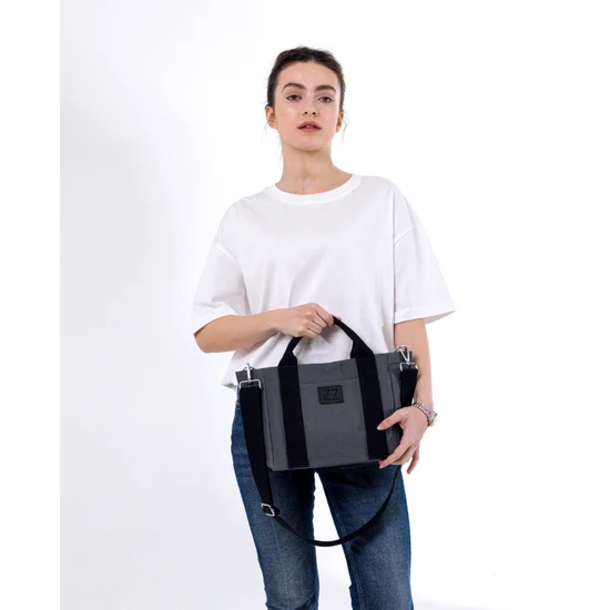 ZZ Design Mumlu Kanvas Kumaş Çanta Orta Boy Kadın El ve Omuz Çantası Antrasit Çanta