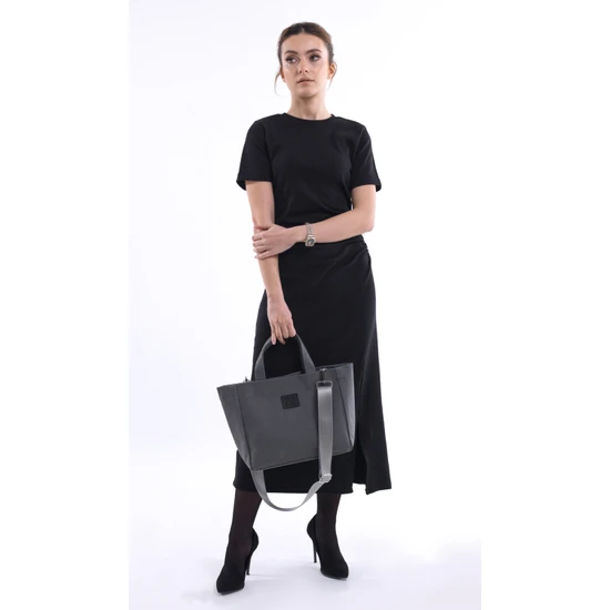 ZZ Design Mumlu Kanvas Kumaş Kadın Orta Boy El ve Omuz Çantası Antrasit Renk