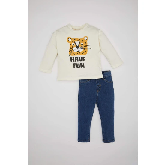 DeFacto Erkek Bebek Kaplan Baskılı Sweatshirt Jean Pantolon 2'li Takım B8060A524SP