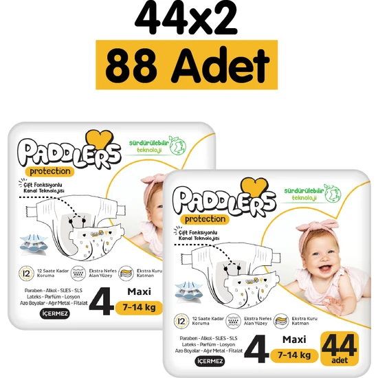 Paddlers Protection Bebek Bezi 4 Numara Maxi 88 Adet (7-14 Kg) 2'li Jumbo Set