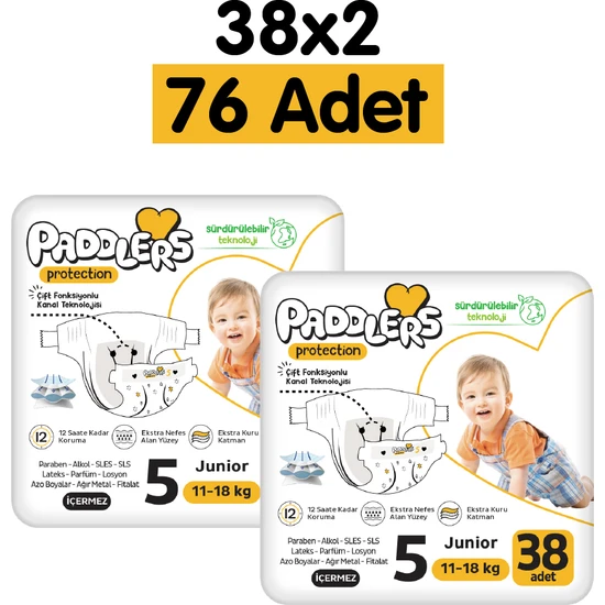 Paddlers Protection Bebek Bezi 5 Numara Junior 76 Adet (11-18 Kg) 2'li Jumbo Set