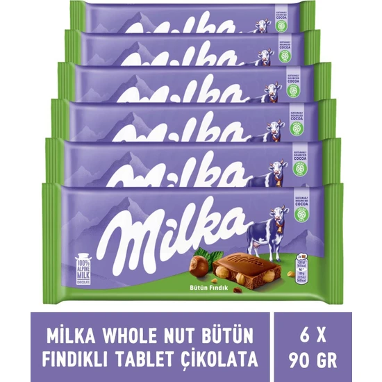 Milka Whole Nut Bütün Fındıklı Tablet Çikolata 90 gr - 6 Adet