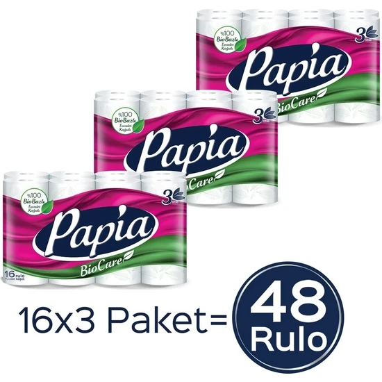 Papia Tuvalet Kağıdı 3 Kat Bio Care 16 x 3 Paket ( 48 Rulo )