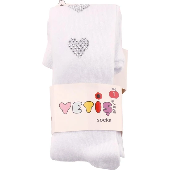 Yetiş Socks Kalpli Taşlı Kız Kilotlu Çorap Beyaz