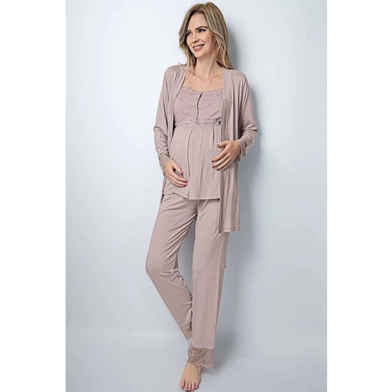 Monamise 18441 Hamile Lohusa Sabahlıklı Pijama Takım - Vizon