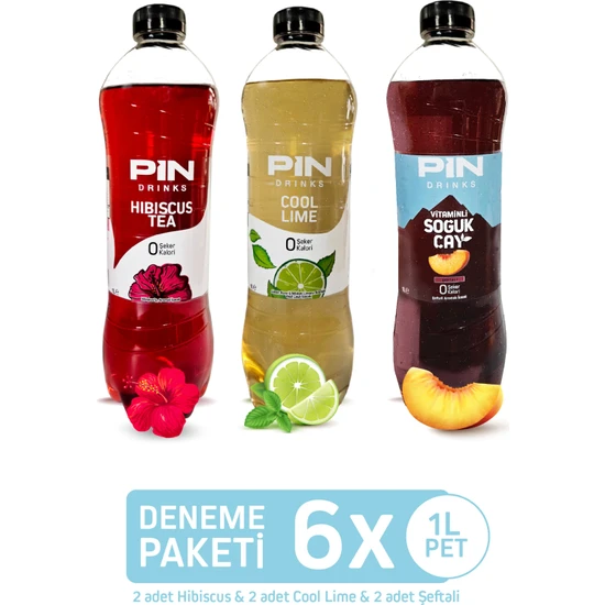 Pin Hibiskus & Pin Cool Lime & Pin Şeftalili Soğuk Çay Deneme Paketi - Şekersiz & Kalorisiz - 6 Adet x 1 Litre