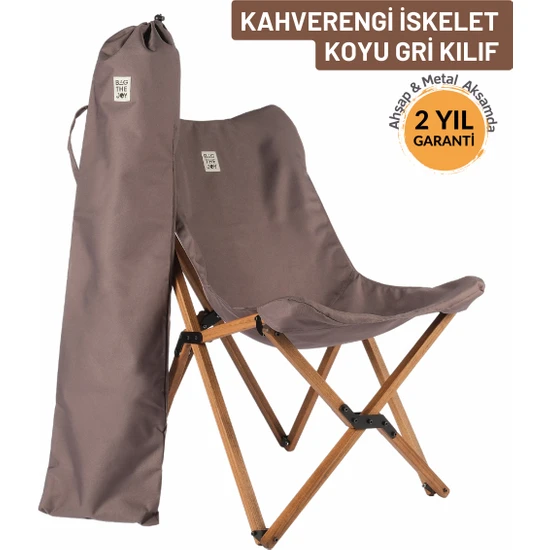 Bag The Joy Ahşap Katlanır Kamp & Bahçe Sandalyesi – Kahverengi Iskelet - Koyu Gri Kılıf