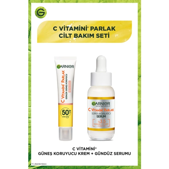 Garnier C Vitamini Parlak Aydınlatıcı Serum + Günlük Güneş Koruyucu Yüz Kremi Işıltılı Doku