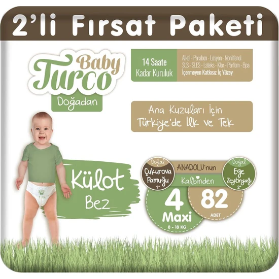 Baby Turco Doğadan 2'li Fırsat Paketi Külot Bez 4 Numara Maxi 82 Adet