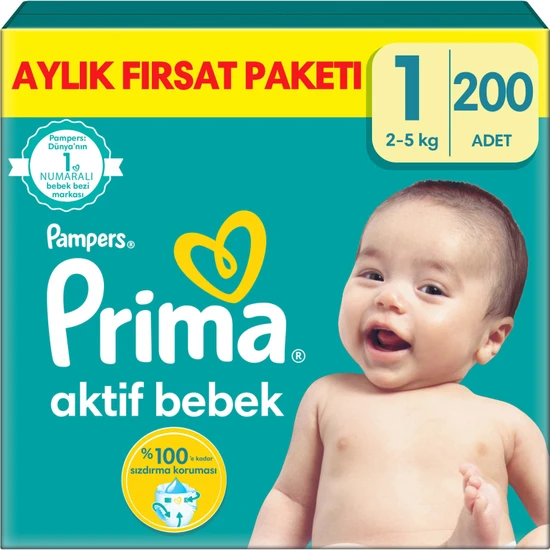 Prima Bebek Bezi Aktif Bebek 1 Beden 200 Adet Yenidoğan Aylık Fırsat Paketi