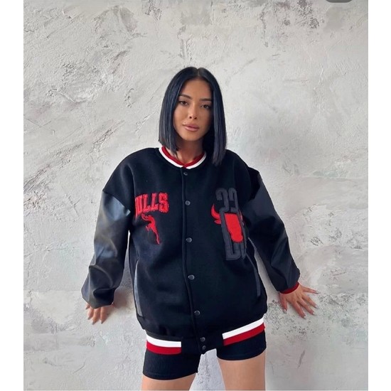 Ens Gym Kadın Nakışlı Kolları Deri Oversize Kolej Ceket Fiyatı