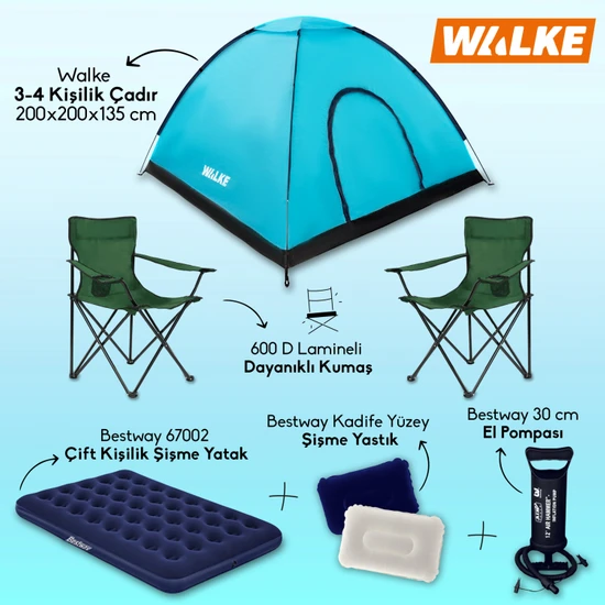 Walke Yeşil Lüks Kamp Seti 4 Kişilik Çadır + Çift Kişilik Yatak + 2 Sandalye + Pompa + Yastık