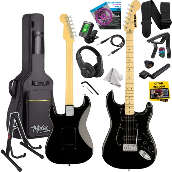 Midex RPH-40BK-ST Full Black Elektro Gitar Seti HSH Manyetik Maple Klavye Üst Kalite