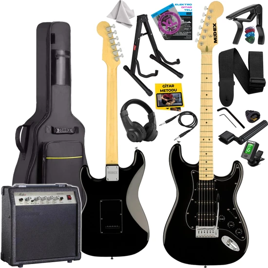 Midex RPH-40BK-30AMP Full Black 30W Amfili Elektro Gitar Seti HSH Manyetik Maple Klavye Üst Kalite