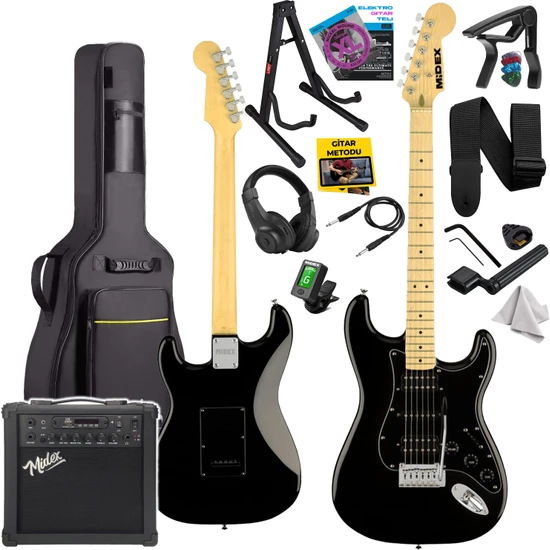 Midex RPH-40BK-25AMP Full Black 25W Şarjlı BT Amfili Elektro Gitar Seti HSH Manyetik Maple Klavye