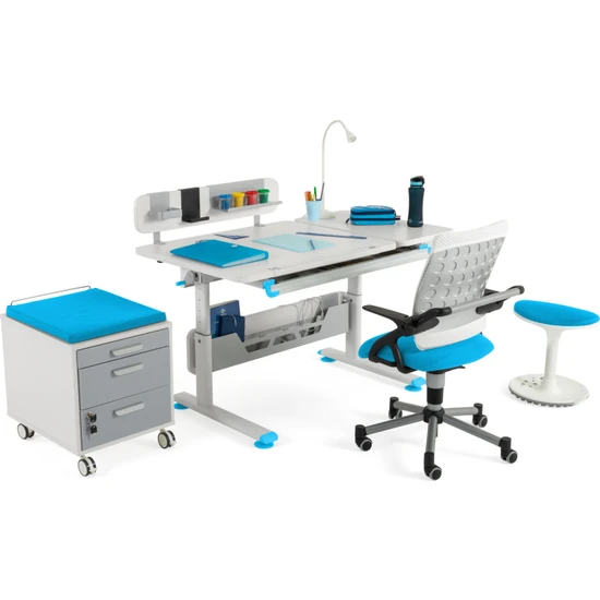 Creo Mobili Vega Premium (Çalışma Masası+ Sandalye+ Keson +Tabure) - Beyaz / Mavi