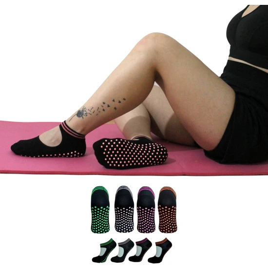 KBS 4 Çift Pamuklu Renkli Kaymaz Taban Silikon Baskılı Yoga Fitness Pilates Ve Aktivite Kadın Çorabı