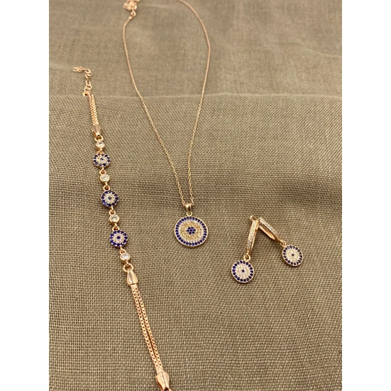 Inure Jewelry Silver Nazar Boncuğu Model 925 Ayar Rose Gümüş 3'lü Set Kolye & Bileklik & Küpe