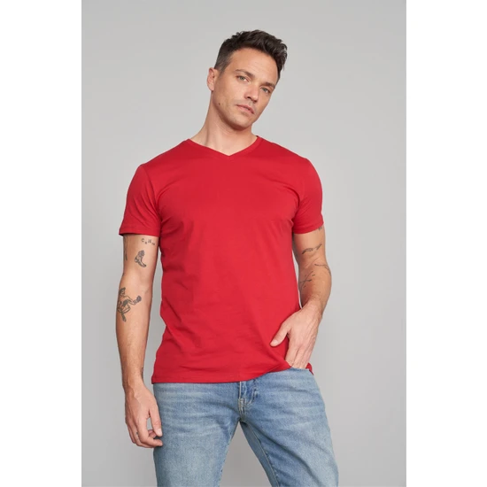 Mentality Çetinkaya Mentality 2772V V Yaka Süprem Slim Fit Kırmızı T-Shirt