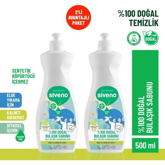Siveno %100 Doğal Bulaşık Sabunu Bitkisel Elde Bulaşık Sabunu Nemlendirici Vegan 500 ml X 2 Adet