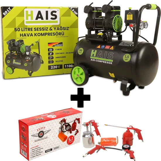 Hais 50 Litre Sessiz Yağsız Hava Kompresörü 1,5 Hp + 5 Li Set ( Set 10 )