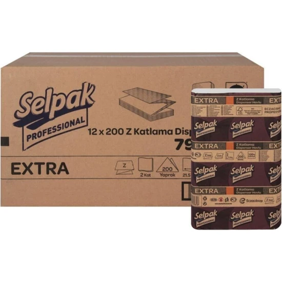 Selpak Professional Extra Z Katlama Kağıt Havlu Çift Katlı 21.5 x 24 cm 200 Yaprak - 12 Paket