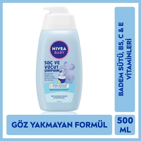 Nivea Baby Bebek Saç ve Vücut Şampuanı 500ML, Göz Yakmayan Formül, Badem Sütü, C&e Vitamini, Hassas Cilt