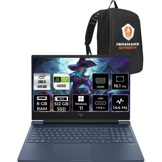 Hp Victus 16 Intel Core I5 14500HX 8gb 512GB SSD RTX4050/6GB 144Hz 16.1" Fhd W11H Taşınabilir Bilgisayar & Per4 Çanta 9J265EAPN342