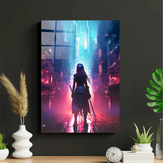 Douvar Cyberpunk Kız ve Şehir Temalı Metal Poster Tablo