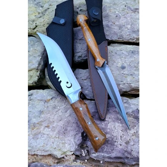 Swencraft Outdoor 2' Li Doğa Piknik Çakısı Kamp Bıçağı & Çerkes Çakısı Çift Yönlü Kılıflı (Ceviz Ağacı)