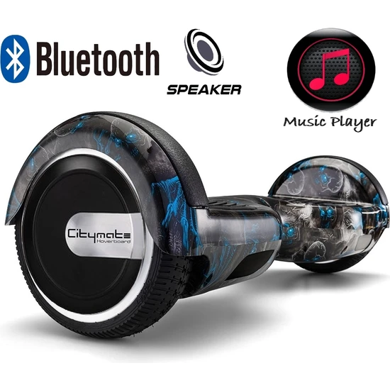 Citymate Elektrikli Kaykay Hoverboard Bluetooth Hoparlörlü 6.5 Inch Akıllı Dengeli - Siyah Kurukafa Grafiti Desenli