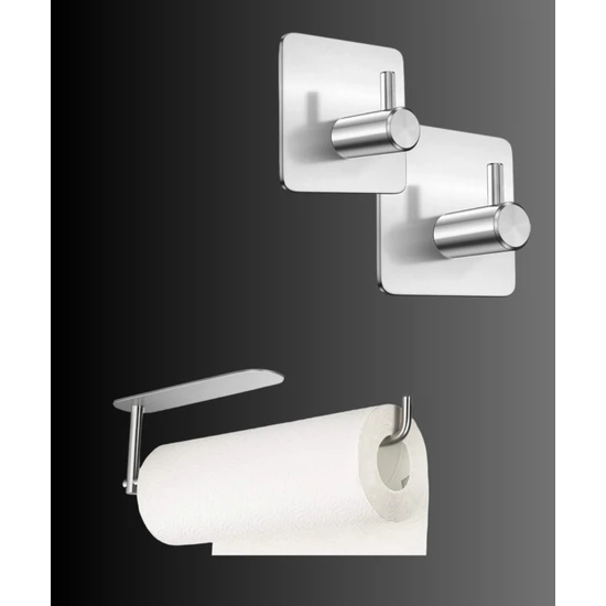 FH Design Home Paslanmaz Çelik Kağıt Havlu Askılığı ve 2 Adet Paslanmaz Çelik Inox Banyo ve Havlu Askısı