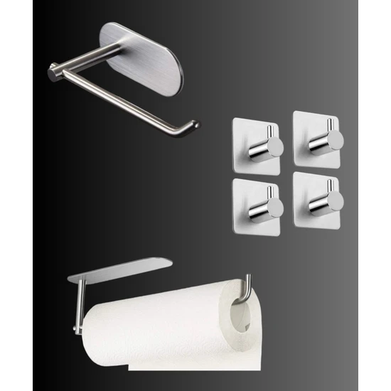FH Design Home Paslanmaz Çelik Kağıt Havlu Askılığı / Tuvalet Kağıtlığı / 4 Adet Paslanmaz Çelik Banyo Askısı