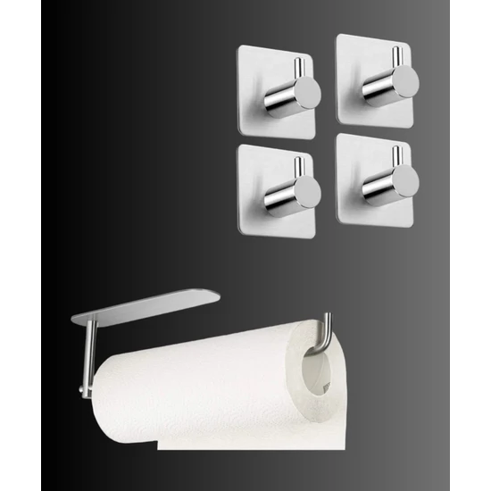 FH Design Home Paslanmaz Çelik Kağıt Havlu Askılığı ve 4 Adet Paslanmaz Çelik Inox Banyo Askısı