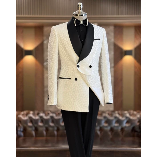 Terzi Adem Altun Italyan Stil Slim Fit Şal Yaka Kruvaze Ceket Pantolon Damatlık Set Beyaz T11798