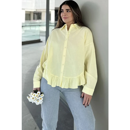 New Laviva Kadın Sarı Eteği Fırfır ve Yırtmaç Detaylı, Terletmez Rahat Kumaş, Salaş Gömlek