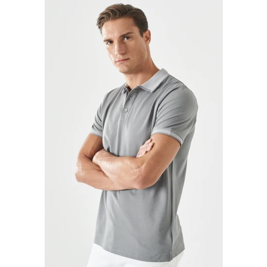 AC&Co / Altınyıldız Classics Erkek Çekmeyen Pamuklu Kumaş Slim Fit Dar Kesim Gri Kıvrılmaz Polo Yaka T-shirt