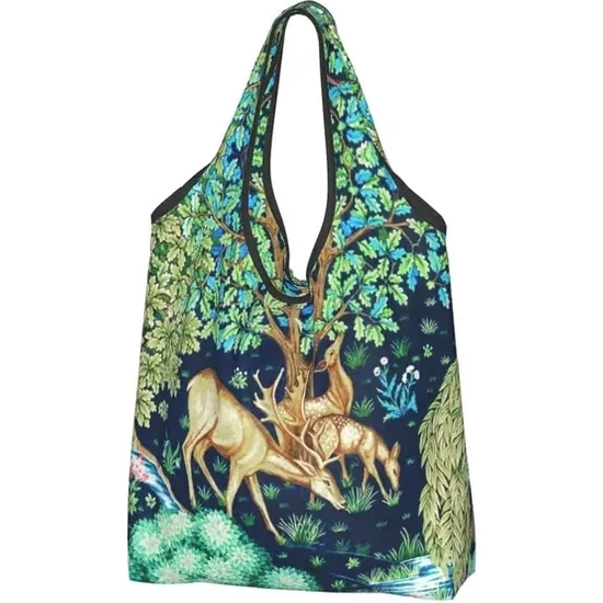 Songli 24 Alışveriş Çantası Özel William Morris Geyikler ve Kuşlar Ormanda Alışveriş Çantaları Kadın Taşınabilir Büyük Bakkal Çiçek Hayvan Sanat Shopper Bez Çantalar (Yurt Dışından)
