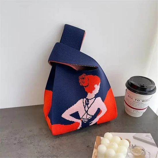 Songli V Kontrast Renkler Kalp El Yapımı Örme Çanta Kadın Mini Düğüm Bilek Çanta Japon Rahat Çok Yönlü Tote Çanta Alışveriş Çantaları (Yurt Dışından)