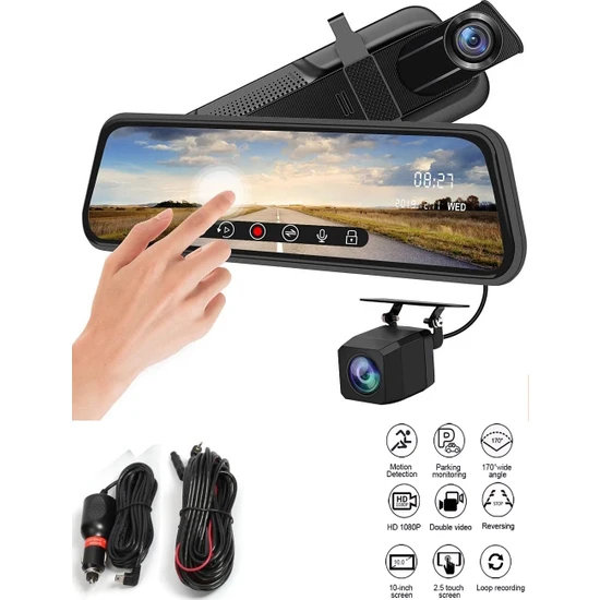 Mpıa CC62 10 Aynalı Dokunmatik Ekranlı 1080P Türkçe Araç Içi Kamera + Geri Görüş Kamerası (Çakmaklık Adaptörlü)