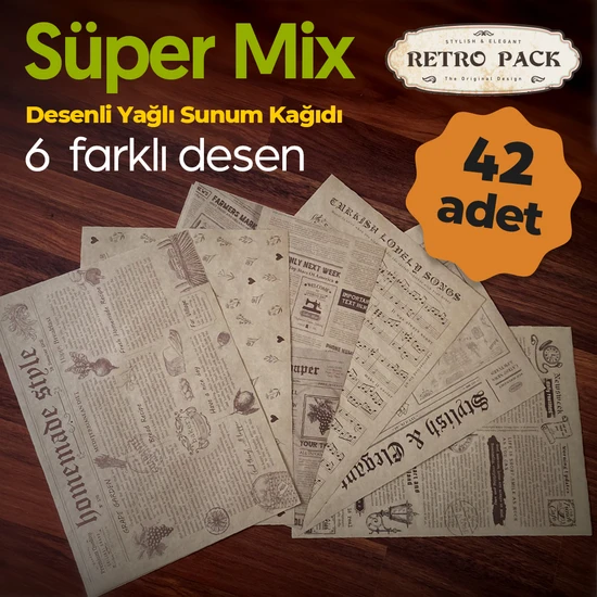 Retro Pack Süper Mix - 1 Kutuda 42 adet- 6 farklı Desenli Sunum Kağıdı-Vintage Sunum Kağıdı-Yağlı Kağıt