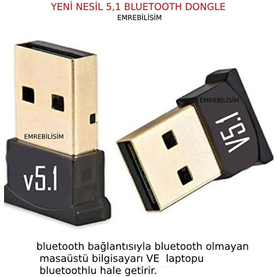 Emre Bilişim Masaüstü Bilgisayar Bluetooth Aparatı Çevirici Dönüştürücü Mini Bluetooth Adaptör Dongle 5.1 Yeni