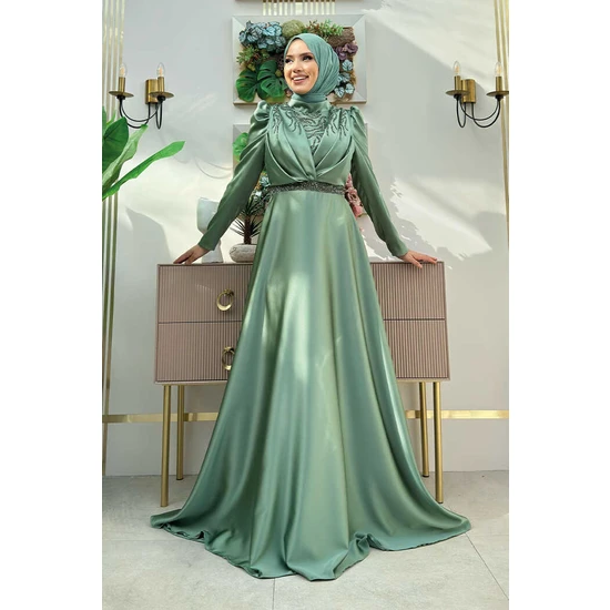 Bym Fashion Taş Detaylı Saten Abiye Elbise 1158 Mint