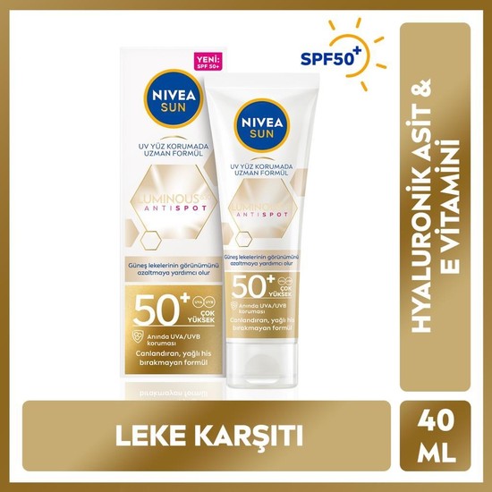 Nivea LUMINOUS630 Leke Kaşıtı Güneş Koruyucu Yüz Kremi 40ML, SPF50, Hyalüronik Asit, E Vitamini, Uva/uvb