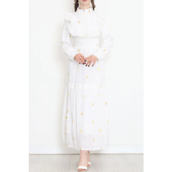 Ferrosso Yaka Detaylı Brode Elbise Beyazsarı - 5902.1322.