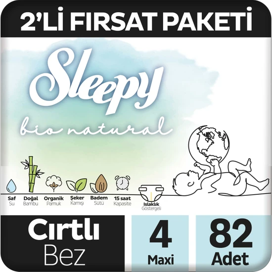 Sleepy Bebek Bezi Bio Natural 4 Numara Maxi 82'li Fırsat Paket