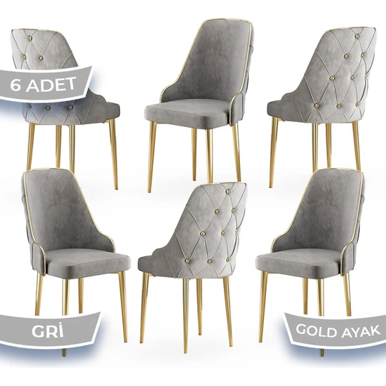 Canisa Concept Krax Serisi  Babyface Kumaş Yemek Odası Sandalyesi Gold Metal Ayak 6 Adet Sandalye
